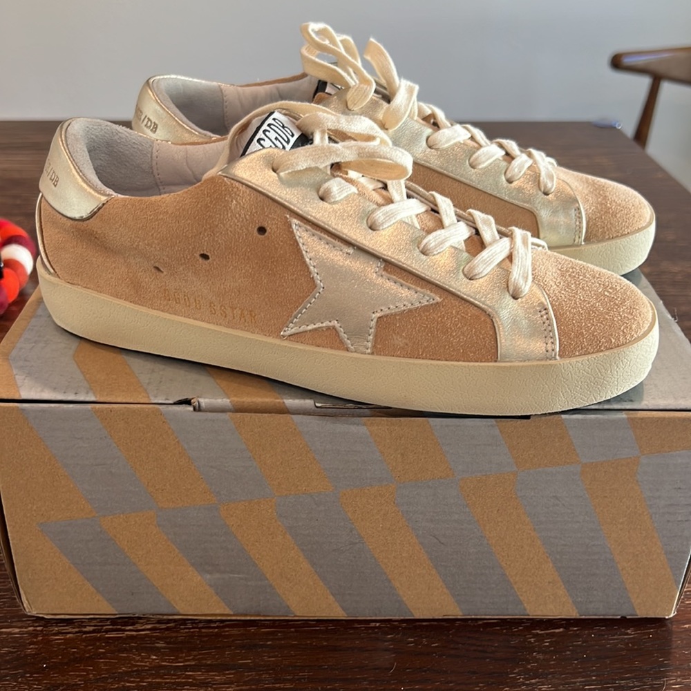 Golden Goose Tan and Cream Sneakers